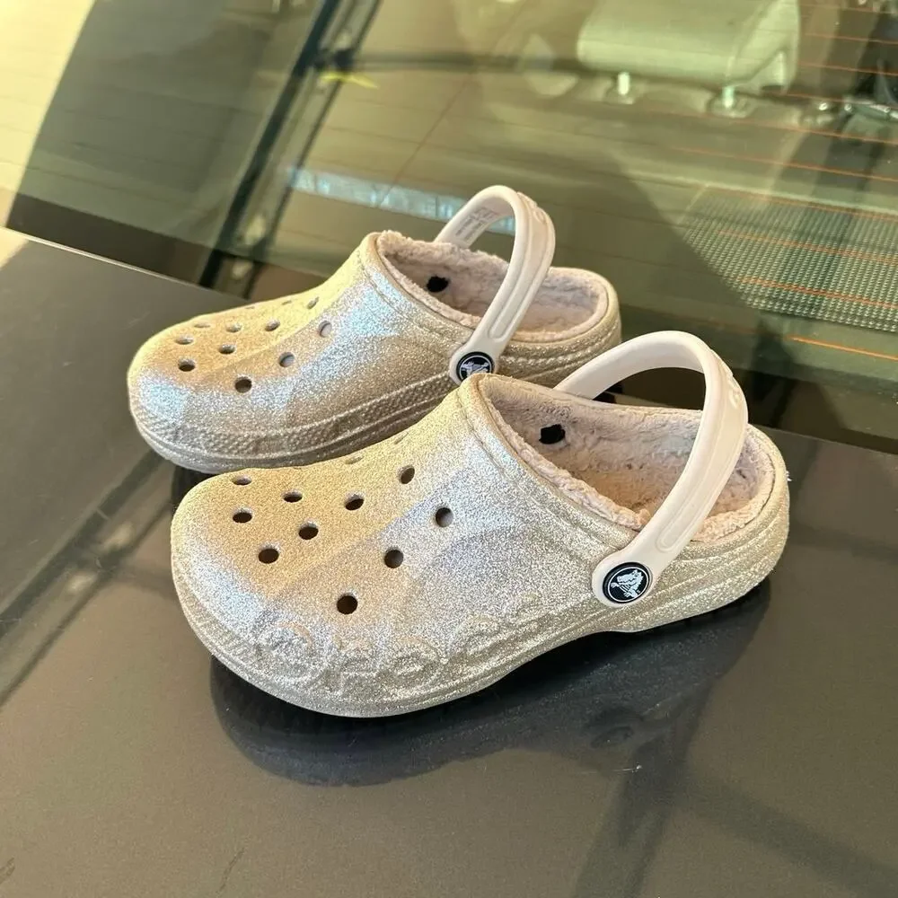 Crocs Little Kids Baya Lined Fuzzy Glitter Clogs Girls Size J 1 Gold‎